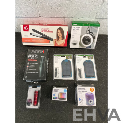 Assorted Usefull Items, Including VS Straightener, REMINGTON Groomer, ANKO Speakers, Fan, Torch and Solar Charger - Lot of 8