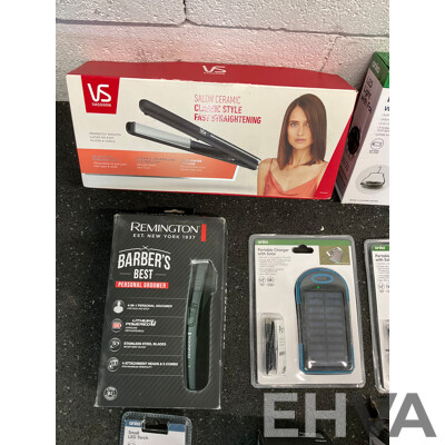 Assorted Usefull Items, Including VS Straightener, REMINGTON Groomer, ANKO Speakers, Fan, Torch and Solar Charger - Lot of 8