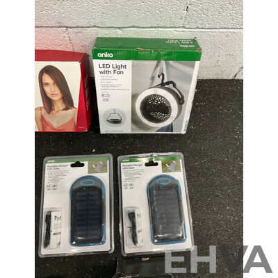 Assorted Usefull Items, Including VS Straightener, REMINGTON Groomer, ANKO Speakers, Fan, Torch and Solar Charger - Lot of 8