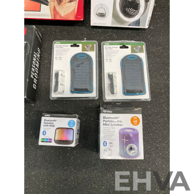 Assorted Usefull Items, Including VS Straightener, REMINGTON Groomer, ANKO Speakers, Fan, Torch and Solar Charger - Lot of 8