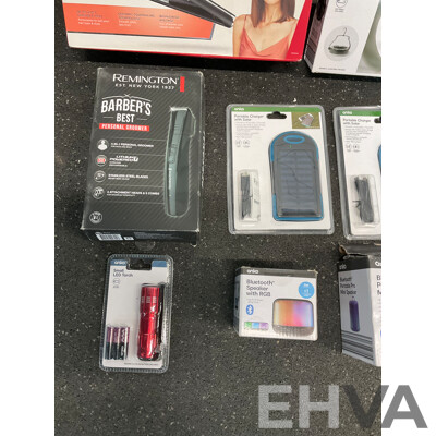 Assorted Usefull Items, Including VS Straightener, REMINGTON Groomer, ANKO Speakers, Fan, Torch and Solar Charger - Lot of 8
