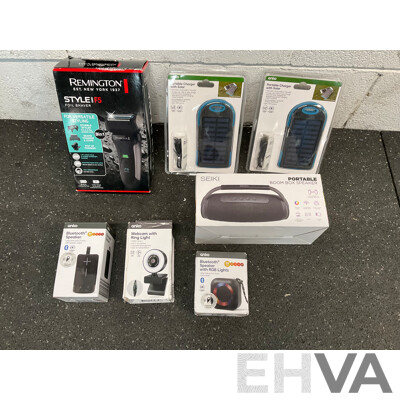 Assorted Usefull Items, Including REMINGTON Shaver, SEIKI Speaker ANKO Speakers, Webvcam and Solar Charger - Lot of 7
