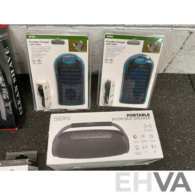 Assorted Usefull Items, Including REMINGTON Shaver, SEIKI Speaker ANKO Speakers, Webvcam and Solar Charger - Lot of 7