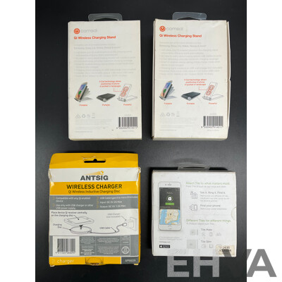 COMSOL Wrieless Charging Stand (x2), ANTSIG Wireless Charger and TILE Tracker - Lot of 4