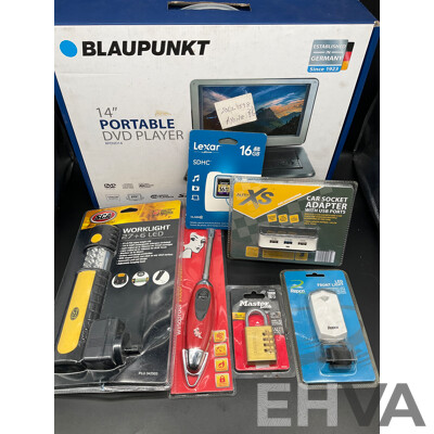 Assorted Useful Gadgets, Including BLAUPUNKT Portable DVD Player, Master Lock, SCA Worklight, Lexar 16GB SDHC Card and More  - Lot of 7