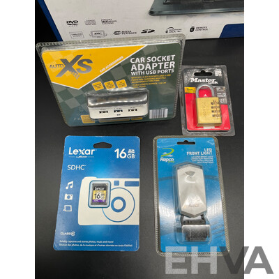 Assorted Useful Gadgets, Including BLAUPUNKT Portable DVD Player, Master Lock, SCA Worklight, Lexar 16GB SDHC Card and More  - Lot of 7