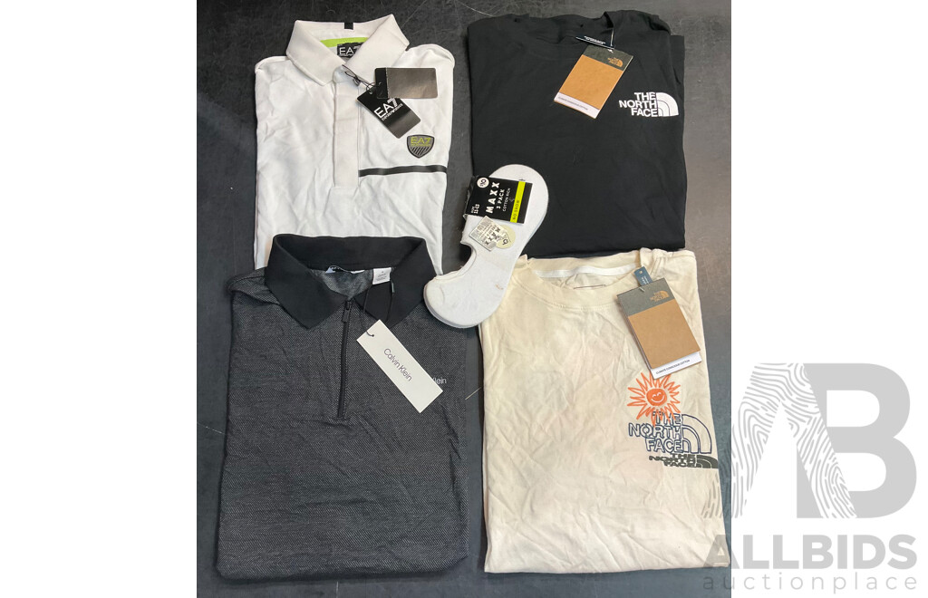 ARMANI, CALVIN KLEIN, the NORTH FACE Men's T-Shirts Size S,M and Socks - Lot of 5