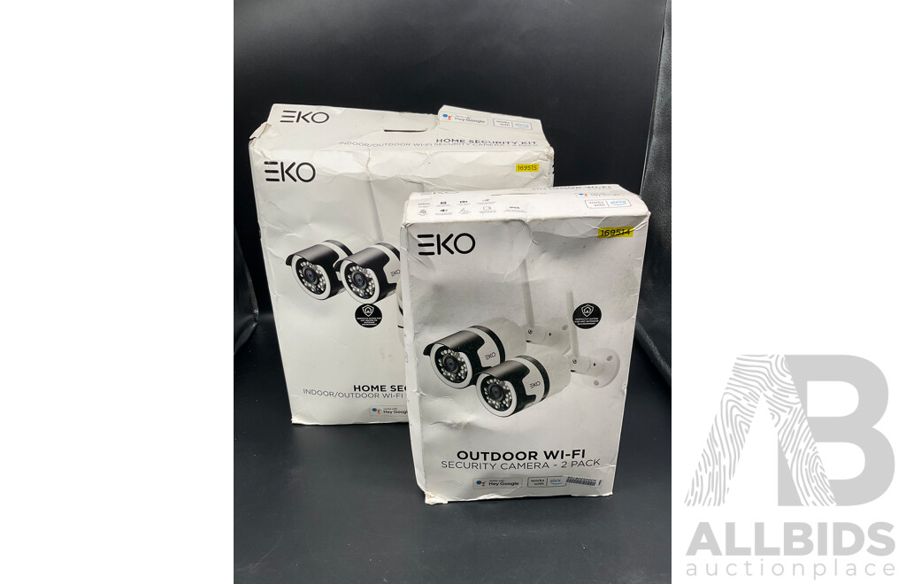 EKO Outdoor Wi-Fi Security Camera - 2 Pack and EKO Indoor/Outdoor Wifi Security Camera - 4 Pack - Lot of 2 - ORP $328