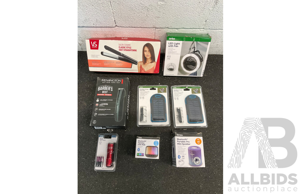 Assorted Usefull Items, Including VS Straightener, REMINGTON Groomer, ANKO Speakers, Fan, Torch and Solar Charger - Lot of 8