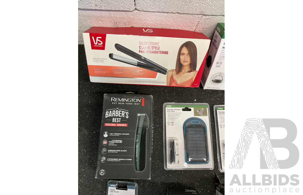 Assorted Usefull Items, Including VS Straightener, REMINGTON Groomer, ANKO Speakers, Fan, Torch and Solar Charger - Lot of 8