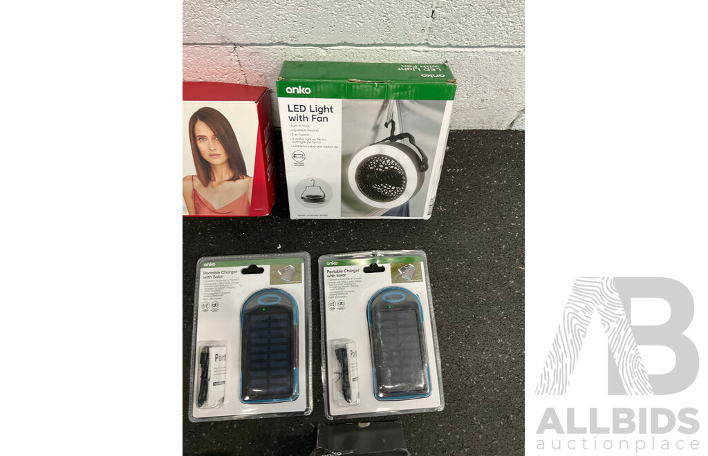 Assorted Usefull Items, Including VS Straightener, REMINGTON Groomer, ANKO Speakers, Fan, Torch and Solar Charger - Lot of 8