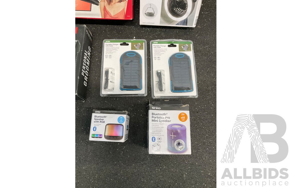 Assorted Usefull Items, Including VS Straightener, REMINGTON Groomer, ANKO Speakers, Fan, Torch and Solar Charger - Lot of 8