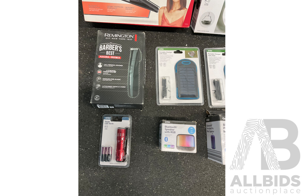 Assorted Usefull Items, Including VS Straightener, REMINGTON Groomer, ANKO Speakers, Fan, Torch and Solar Charger - Lot of 8