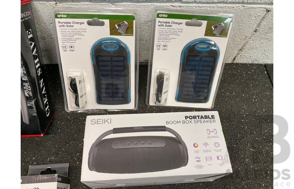 Assorted Usefull Items, Including REMINGTON Shaver, SEIKI Speaker ANKO Speakers, Webvcam and Solar Charger - Lot of 7