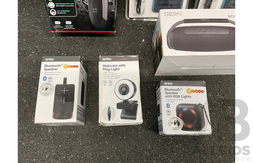 Assorted Usefull Items, Including REMINGTON Shaver, SEIKI Speaker ANKO Speakers, Webvcam and Solar Charger - Lot of 7