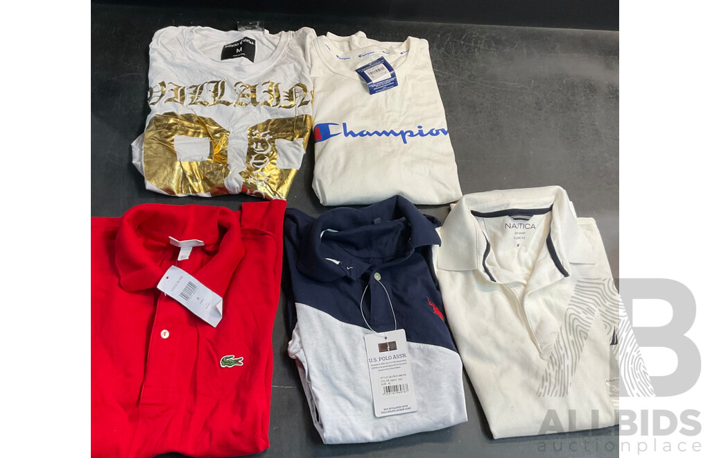 NAUTICA, LACOSTE, U.S POLO Polo Shirts & Champion Long Tee & Villains of Virtue T-Shirt - Size M - Lot of 5