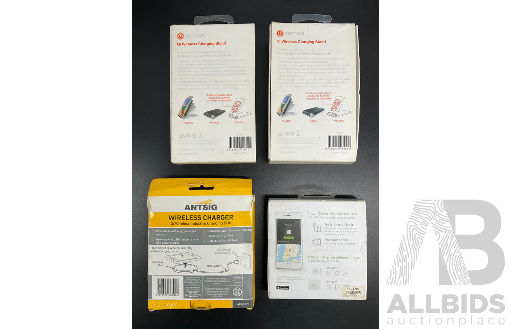 COMSOL Wrieless Charging Stand (x2), ANTSIG Wireless Charger and TILE Tracker - Lot of 4