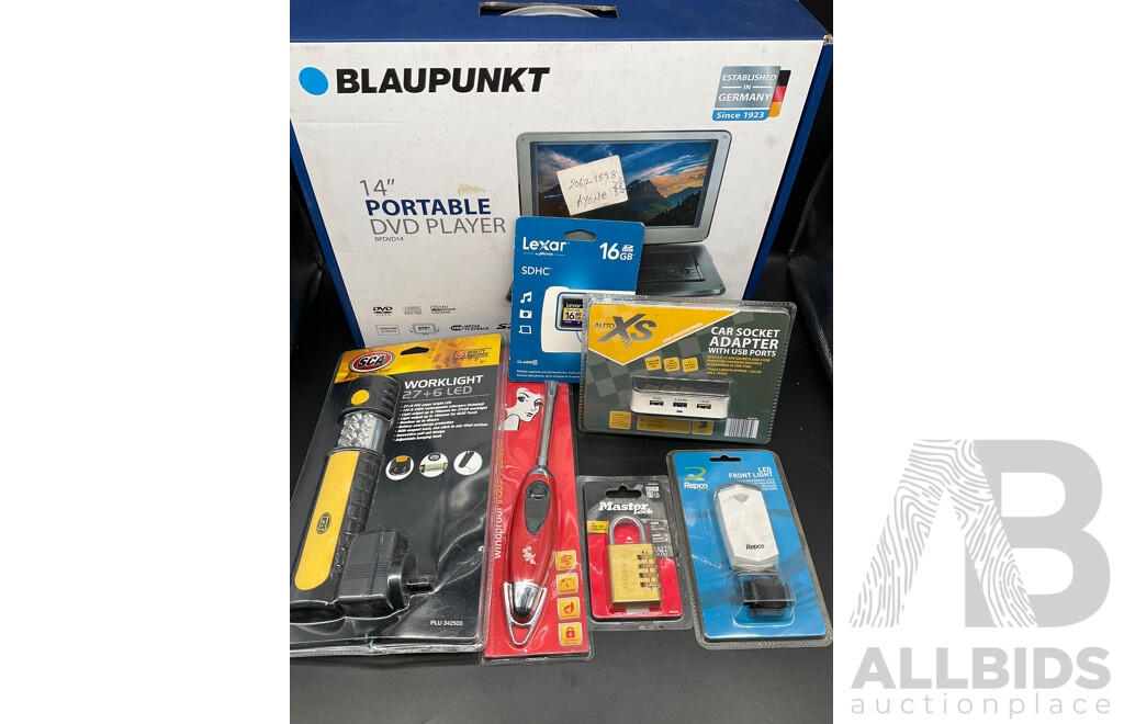 Assorted Useful Gadgets, Including BLAUPUNKT Portable DVD Player, Master Lock, SCA Worklight, Lexar 16GB SDHC Card and More  - Lot of 7