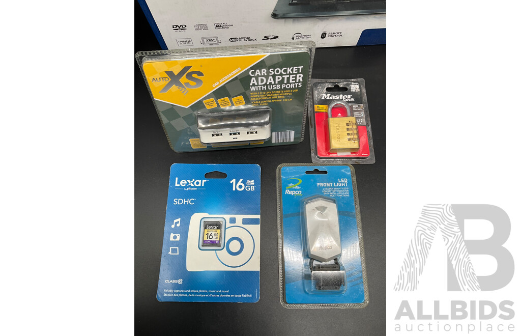 Assorted Useful Gadgets, Including BLAUPUNKT Portable DVD Player, Master Lock, SCA Worklight, Lexar 16GB SDHC Card and More  - Lot of 7