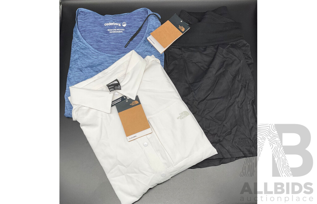 the NORTH FACE Women's Frist Trail Upf Button Shirt, the NORTH FACE Aphro Motn Short , CEDERBERT Tee, All Size Women's Large  - ORP $269.99 - Lot of 3