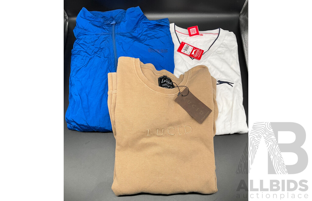 GUESS Windbreaker Jacket, SLAZENGER V-Neck T-Shirts and LUCID Waffle T-shirt, All Men's Size Large - Lot of 3