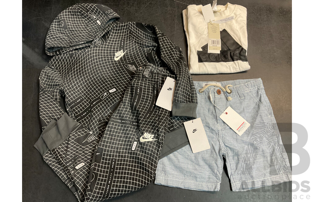 Boys NIKE Hoodie and Track Pants, ADIDAS T-shirt and MINOTI Shorts, All Size 7/8Y - Lot of 4