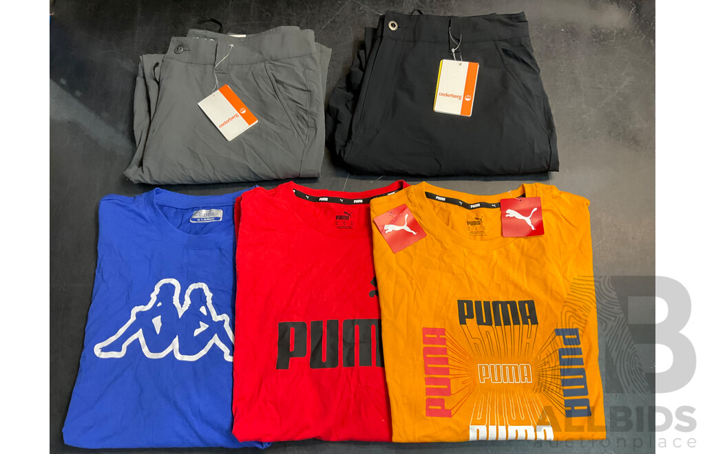 CEDERBERG, PUMA and KAPPA Men's Hiking Pants Size 36 and 40 and T-Shirts Size XL - ORP $379.99 - Lot of 5