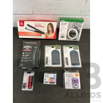 Assorted Usefull Items, Including VS Straightener, REMINGTON Groomer, ANKO Speakers, Fan, Torch and Solar Charger - Lot of 8