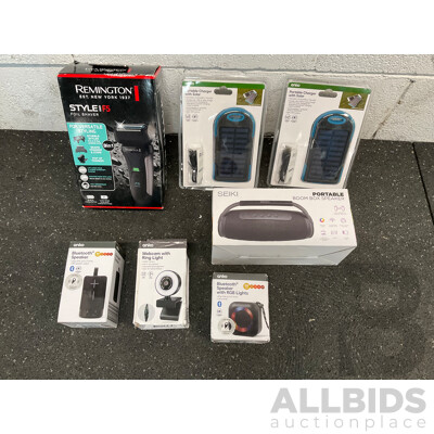 Assorted Usefull Items, Including REMINGTON Shaver, SEIKI Speaker ANKO Speakers, Webvcam and Solar Charger - Lot of 7
