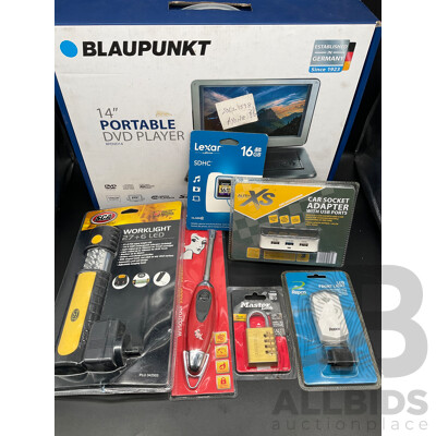 Assorted Useful Gadgets, Including BLAUPUNKT Portable DVD Player, Master Lock, SCA Worklight, Lexar 16GB SDHC Card and More  - Lot of 7