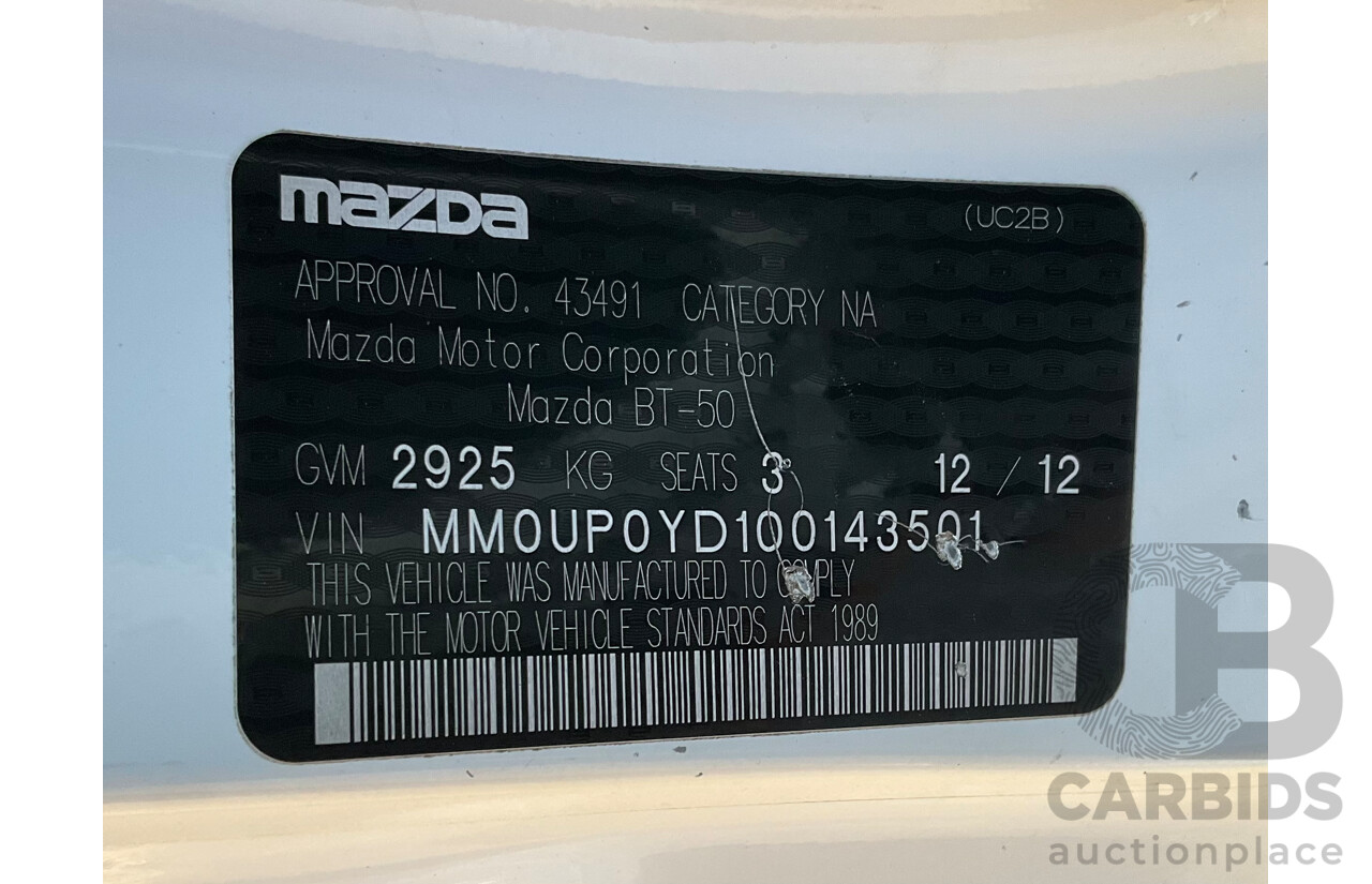 12/2012 Mazda BT-50 XT (4x2) C/Chas Cool White Turbo Diesel 2.2L
