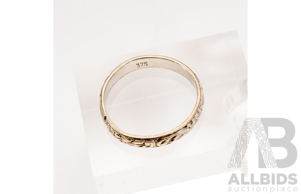 9ct Vintage White Gold Floral Repousse Wedding Ring, Size K, 1.77 Grams