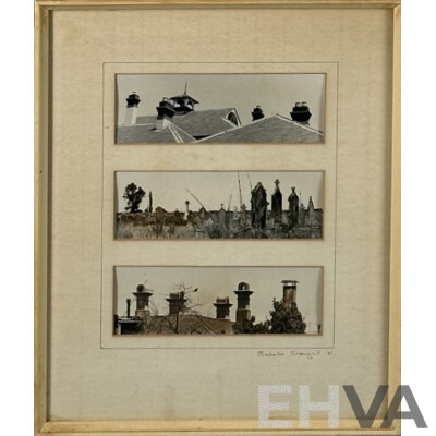 Babette Scougall (20th Century, Australian), Headstones & Rooftops (1985), Original Black & White Photographic Trio, 40 x 32 cm (frame)
