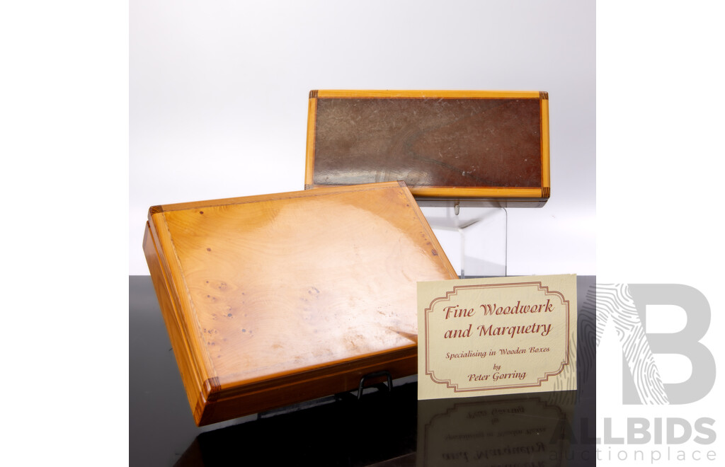 Two Australian Tasmanian Lidded Boxes by Peter Gorring Including Huon Pine Topped Larger Example, Both with Silky Oak Corners