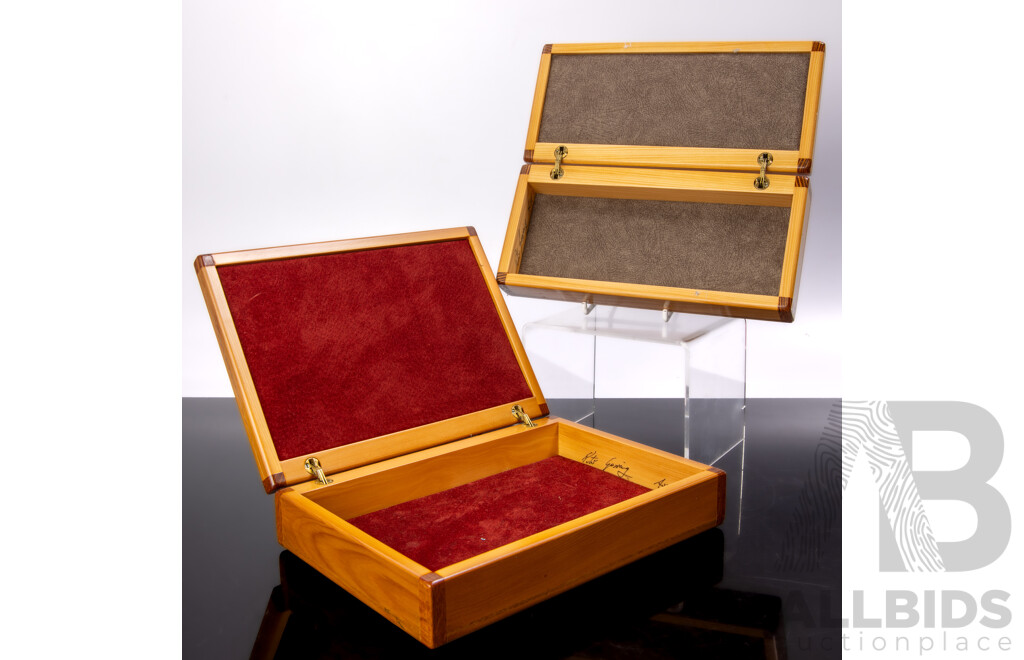 Two Australian Tasmanian Lidded Boxes by Peter Gorring Including Huon Pine Topped Larger Example, Both with Silky Oak Corners