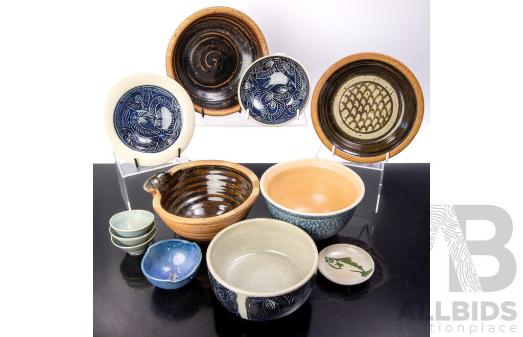 Collection Australian Local Studio Pottery Pieces Including Three Pieces by Julia Laybutt Goulburn, Three Sake Cups by B Anderson and More