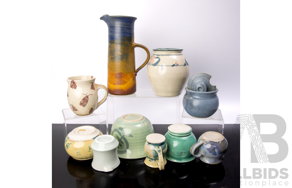 Collection Australian Local Studio Pottery Pieces Including Janet De Boos Tall Jug and More