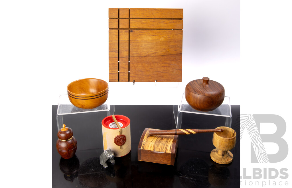 Collection Decorator Items Including Huon Pine Bowl, Red Gum Lidded Dish, Tasmanian Pewter Wombat Figure in Original Package and More