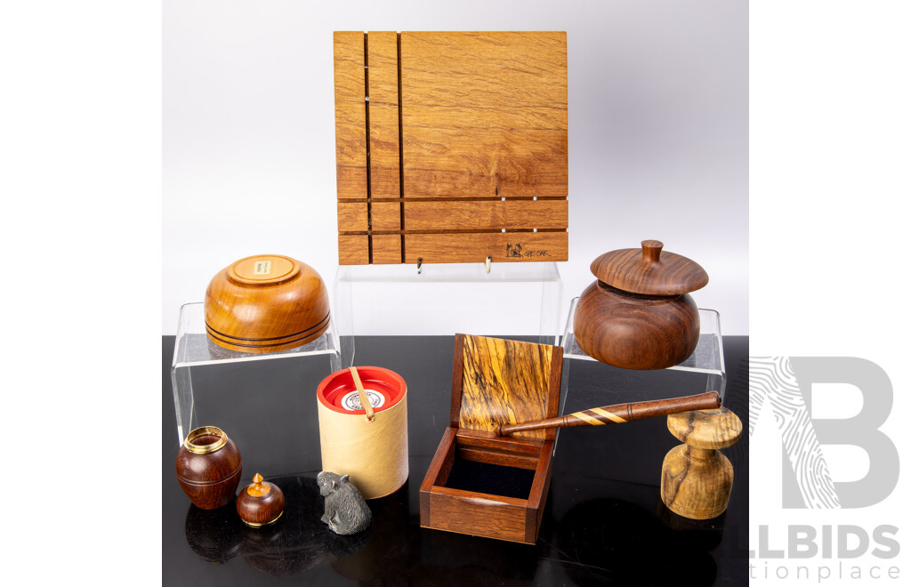Collection Decorator Items Including Huon Pine Bowl, Red Gum Lidded Dish, Tasmanian Pewter Wombat Figure in Original Package and More