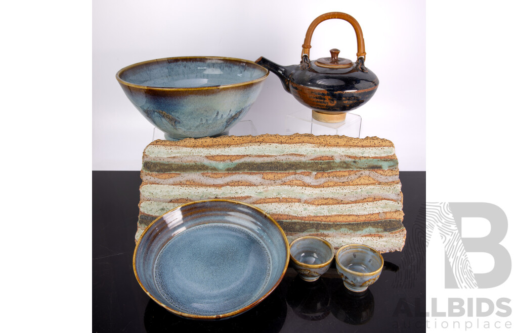 Collection Australian Local Studio Pottery Including Four Raku Glazed Examples Initialled L S