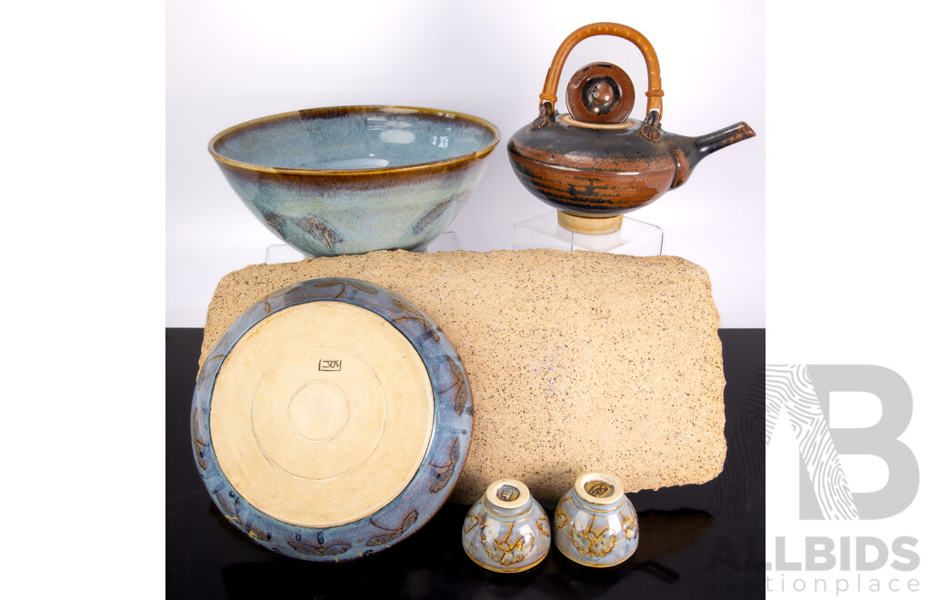 Collection Australian Local Studio Pottery Including Four Raku Glazed Examples Initialled L S