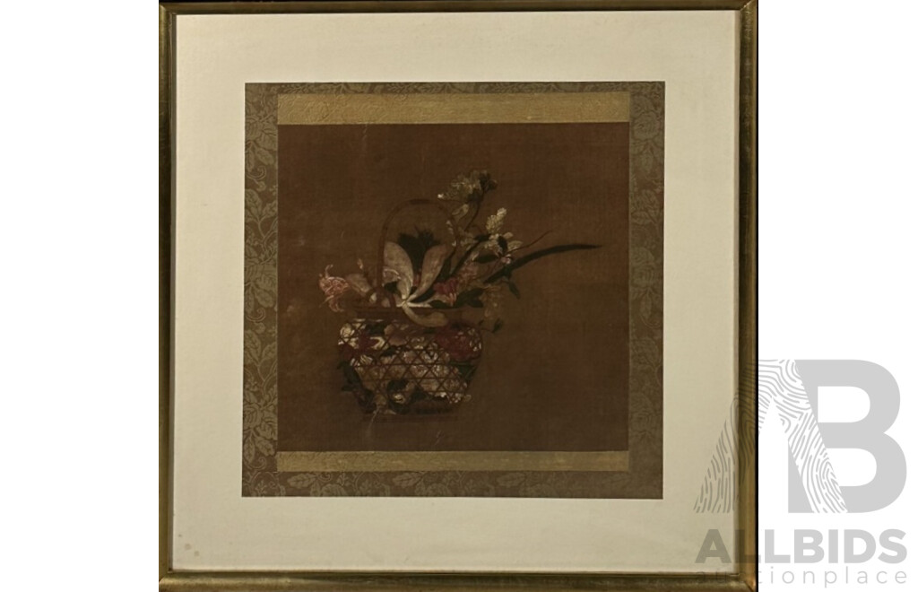 Artist Unknown (20th Century, Chinese School), Basket Filled with Flowers, Vintage Reproduction Colour Print of a Chinese Ming Dynasty Painting, 58 x 58 cm (frame)