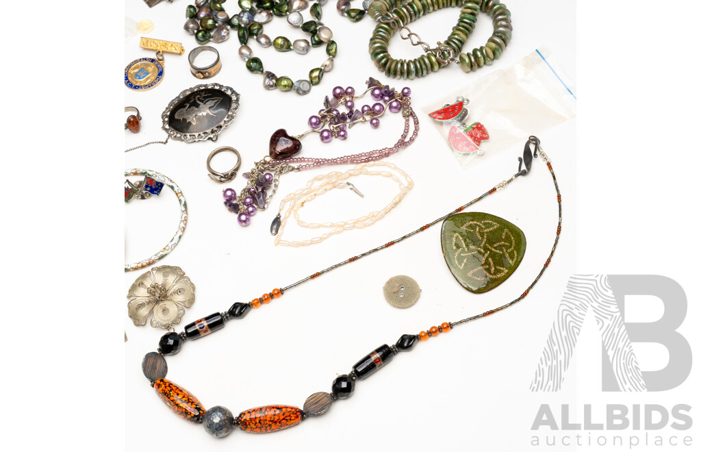 Collection of Vintage Jewellery Including Cloissoné Bangles, Pearl Necklaces & Siam Silver