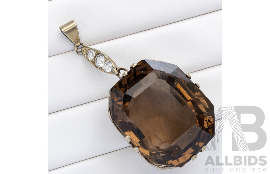Antique Sterling Silver Art Deco Smokey Quartz & White Topaz Drop Cocktail Pendant, 45mm Long, 15.86 Grams