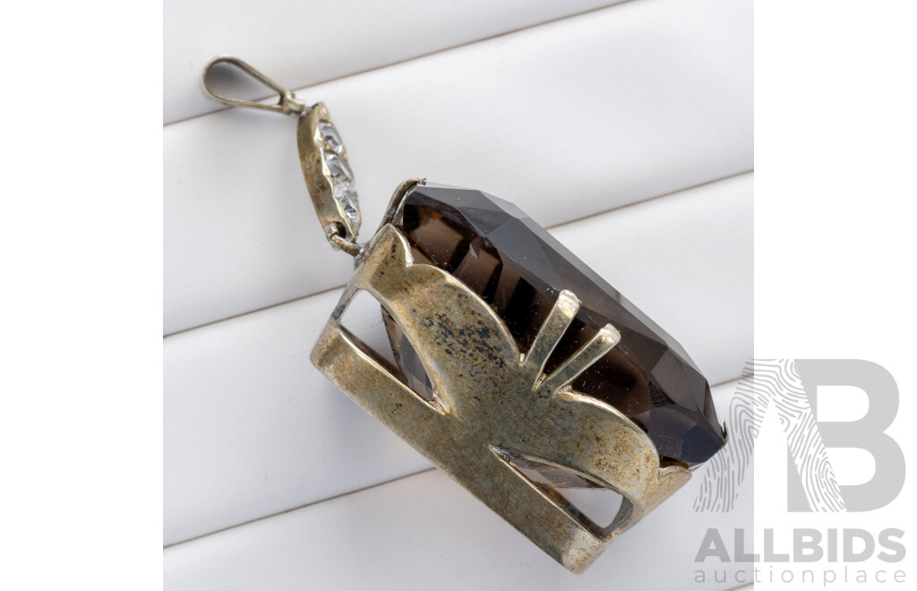 Antique Sterling Silver Art Deco Smokey Quartz & White Topaz Drop Cocktail Pendant, 45mm Long, 15.86 Grams