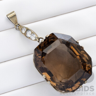 Antique Sterling Silver Art Deco Smokey Quartz & White Topaz Drop Cocktail Pendant, 45mm Long, 15.86 Grams