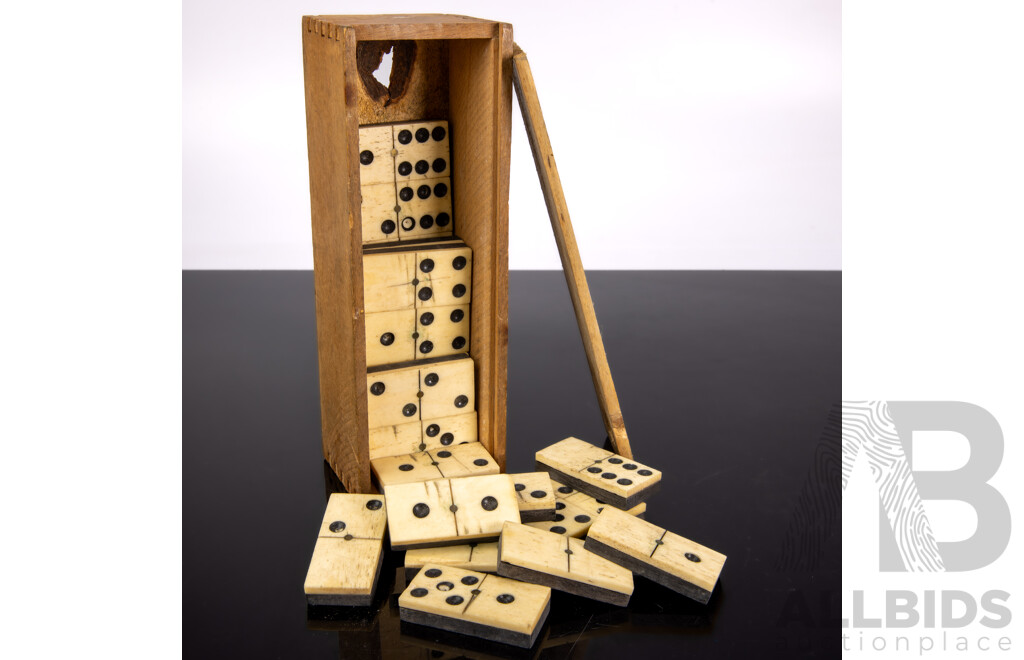 Vintage Set Ebony and Bone Dominoes in Wooden Box