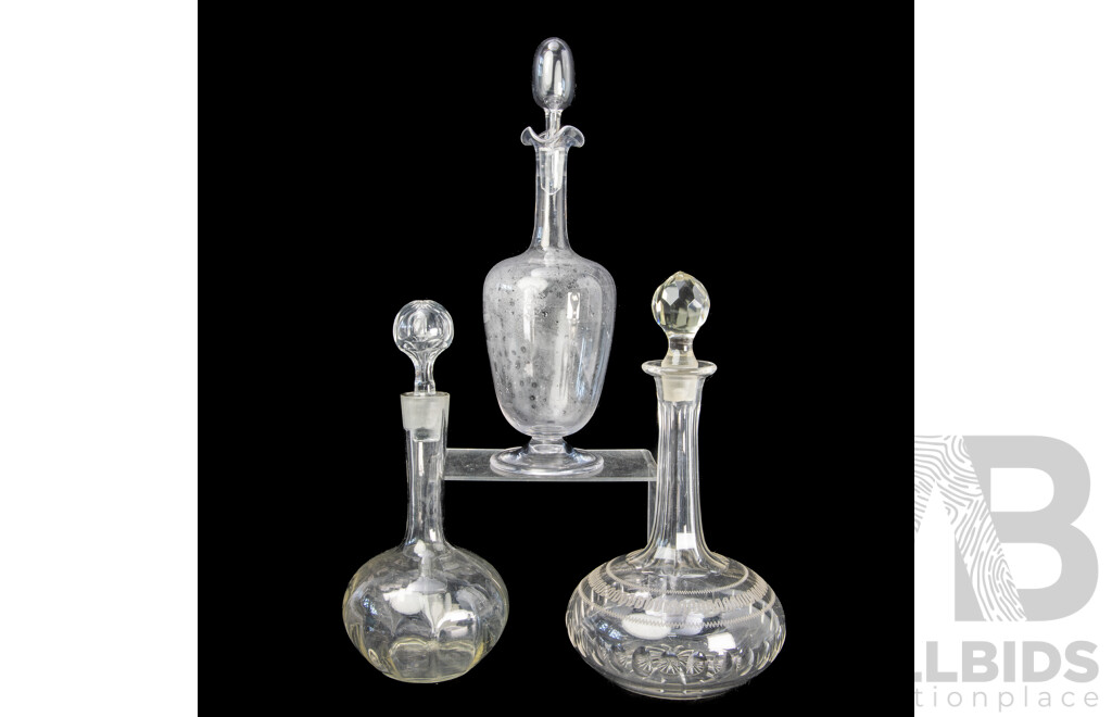 Collection Three Antique Late Victorian Glass Decanters with Stoppers