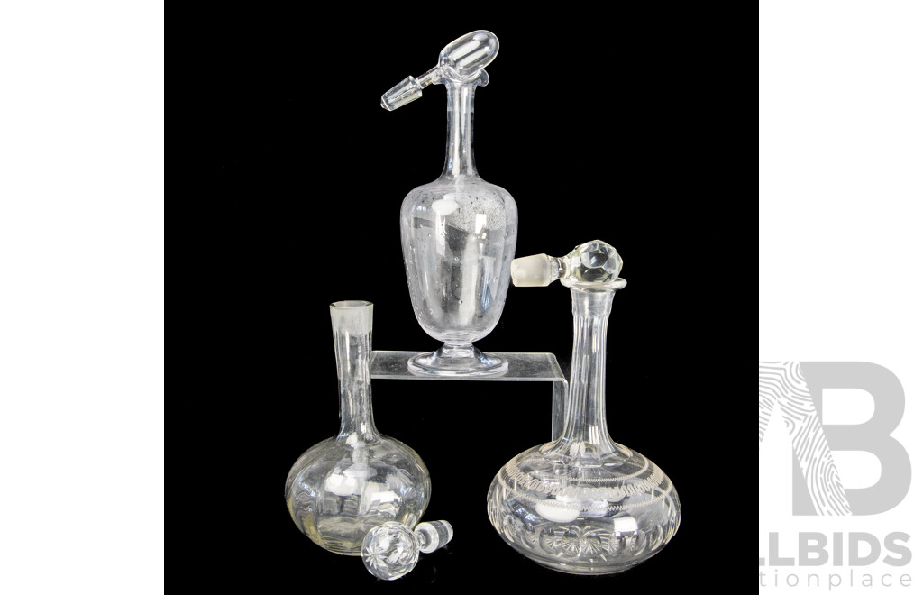 Collection Three Antique Late Victorian Glass Decanters with Stoppers