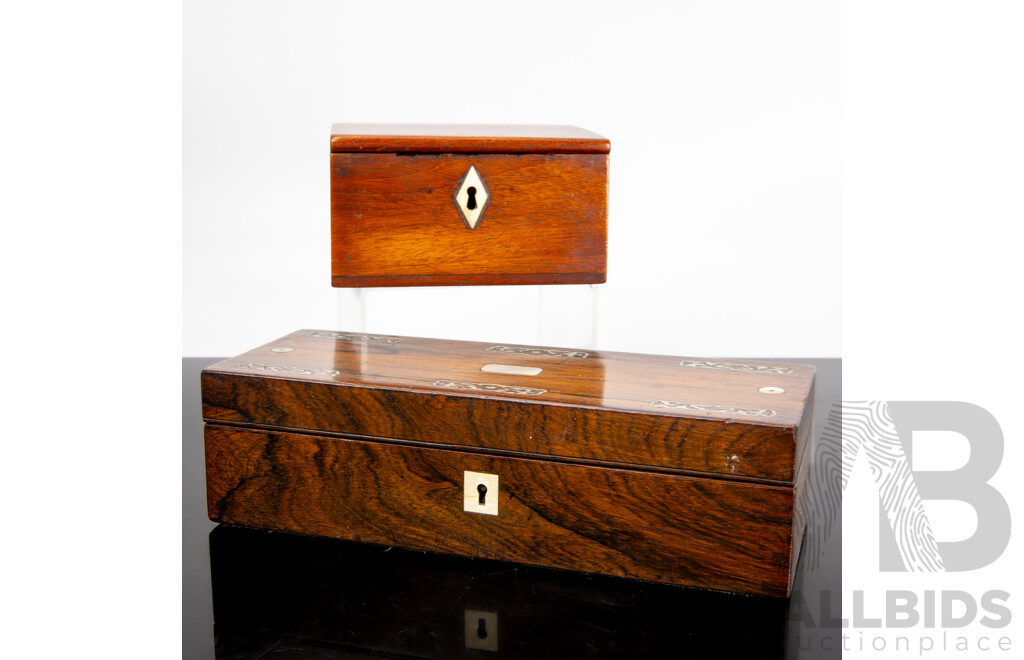 Antique Late Victorian Wooden Box with Mother of Pearl Lining and Lock with Key Along with Small Bow with Bone Inlay to Key Escutcheon